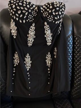 Black Strapless Embellished Evening Dress